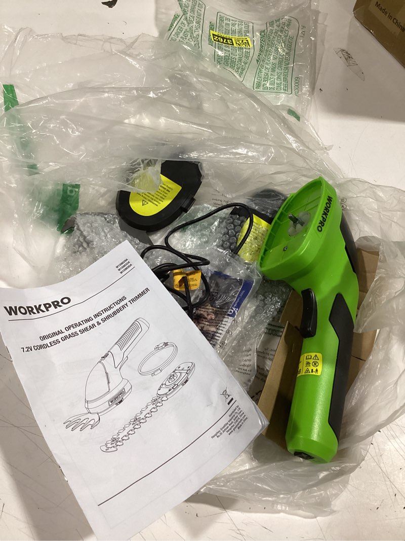 Condition photo showing As Is for workpro cordless grass shear & shrubbery trimmer - 2 in 1 handheld 7.2v electric grass trimmer hedge shears/grass cutter rechargeable lithium-ion battery and type-c cable included green