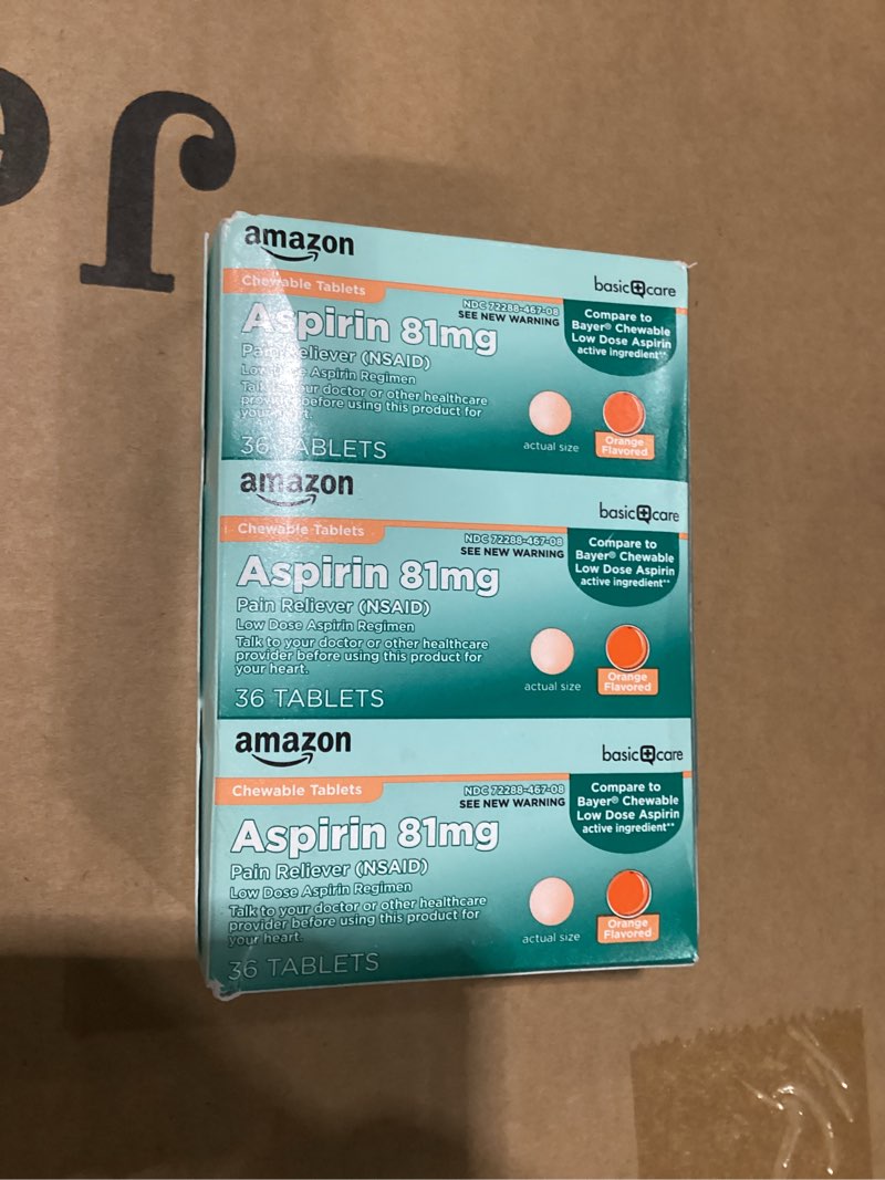Condition photo showing New/Like New for Amazon Basic Care Aspirin 81 mg Pain Reliever (NSAID) Chewable Tablets, Low Dose , Orange Flavor, 108 Count (3 Packs of 36) Orange 36 Count (Pack of 3)