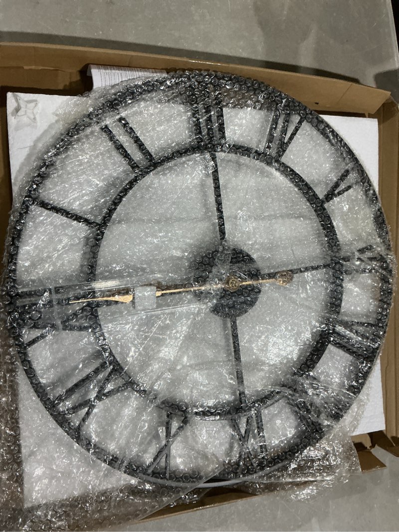 Condition photo showing As Is for 24 inch large oversized farmhouse modern decorative wall clock for living room,silent industrial big roman numerals vintage metal round wall clocks for kitchen,dinng room,office black roman 24 inch