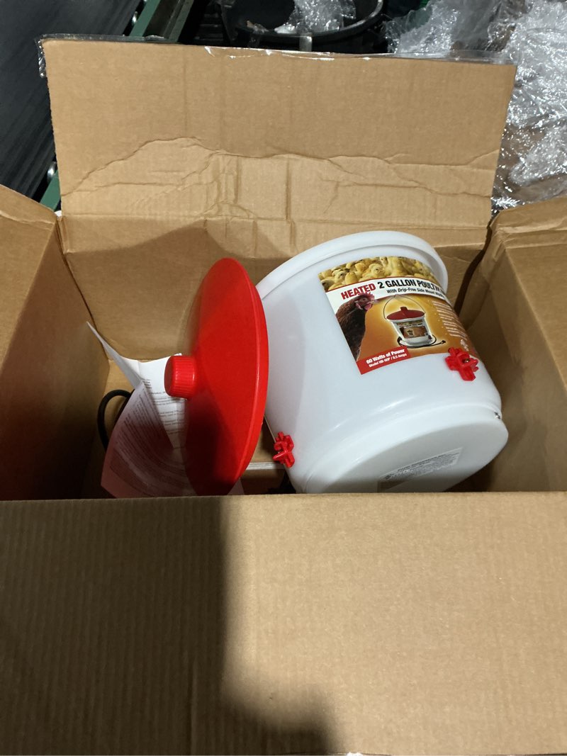 Condition photo showing As Is for Similar to Farm Innovators Heated Waterer with Lid, 60W Hanging Water Dispenser - 2 Gallon Poultry Drinker Bucket with Red Top for Chickens, Turkeys, and Geese 2 Gallon Single