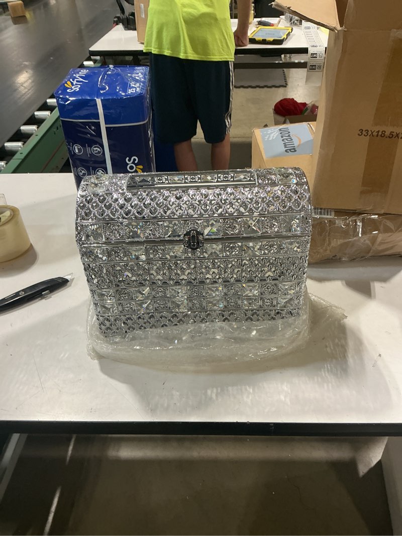 Condition photo showing Good Condition for juxyes silver sparkle crystal wedding card box with lid for reception, gorgeous treasure chest style keepsake envelope case large card receiving box for wedding, reception, birthday party