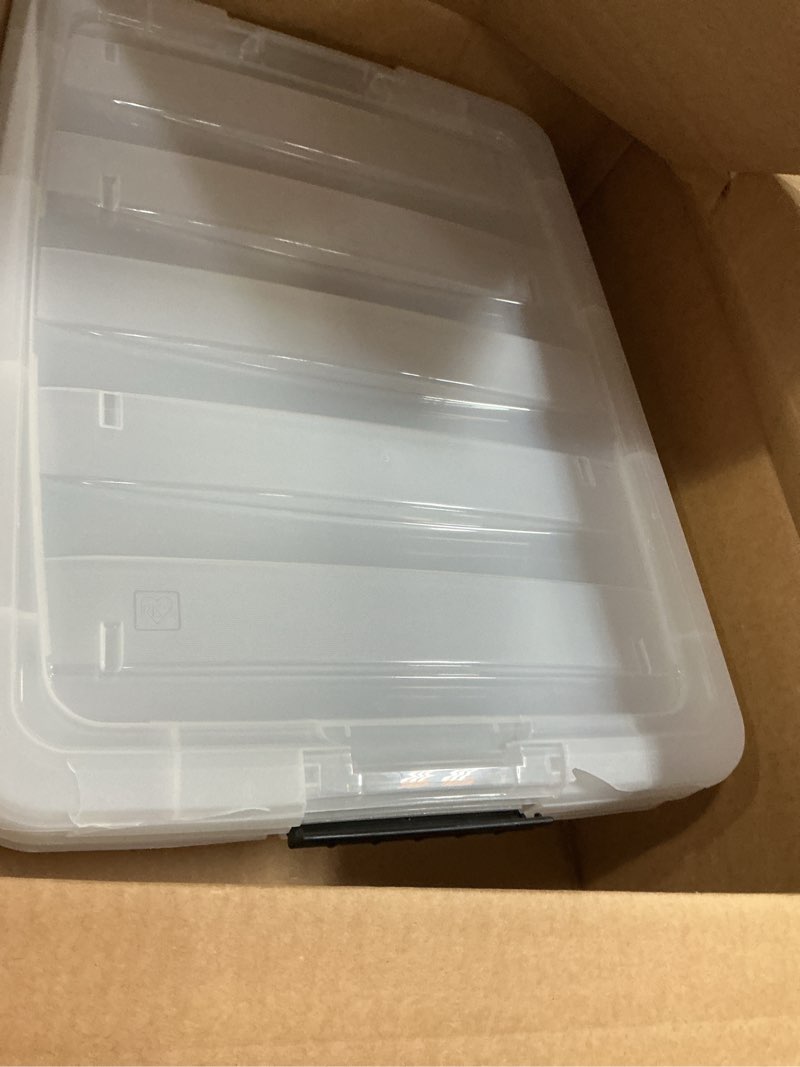 Condition photo showing As Is for IRIS USA 27 Qt Stackable Plastic Storage Bins with Lids, 2 Pack - BPA-Free, Made in USA - Discreet Organizing Solution, Latches, Durable Nestable Containers, Secure Pull Handle - Clear Clear 27 Qt 2 Pack