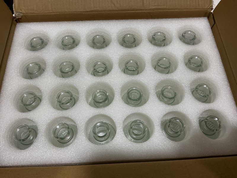 Condition photo showing Good Condition for glass bud vases set of 24, small flower vase in bulk, clear mini ribbed vases for centerpieces, modern wedding reception table decorations