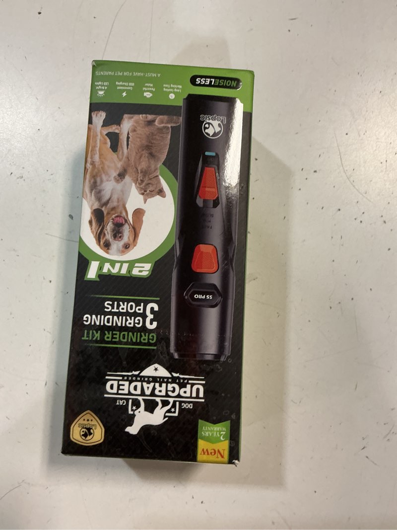 Condition photo showing New/Like New for whisper quiet dog nail grinder with 4 led lights, safe & stress-free for sensitive dogs cats of all breeds & sizes, 3 grinding bits, 3-speed, pet nail trimmers, rechargeable painless grooming kit black