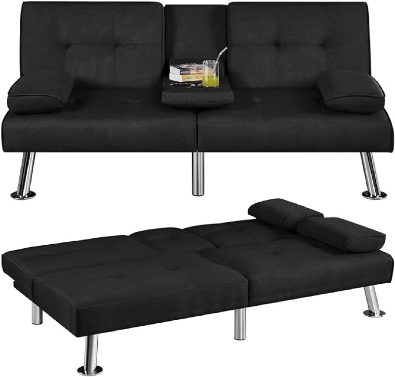  Click to see full view                  3+    6 VIDEOS Yaheetech Convertible Sofa Bed Adjustable Fabric Couch Sleeper Modern Recliner Reversible Loveseat Folding Daybed Guest Bed, Removable Armrests, Cup Holders, 3 Angles, 772lb Capacity, Black(incomplete)