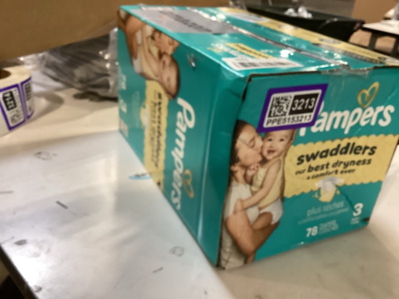 Condition photo showing New/Like New for pampers swaddlers diapers, size 3 (13-26 lbs), 78 count, absorbent, keeps baby dry and comfortable, skin safe disposable baby diaper size 3 78