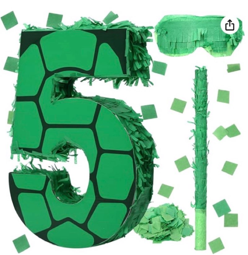 Gemscream Number 5 Cartoon Turtle Theme Piñata Set 13.7 x 9.8 x 1.9 Inch Green Turtle Piñata with Blindfold Stick and Confetti for Kids Boys Girls Animal Birthday Decoration Supplies Game Props
