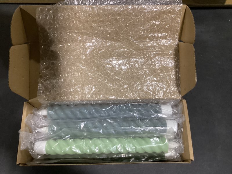 Condition photo showing Good Condition for Baquler 6 Pcs Sage Green Flameless Taper Candle Twisted LED 9.65 Inch Taper Candles Battery Operated Twisted Candlesticks for Summer Wedding Birthday Home Party Holiday Dinner Fireplace Decor