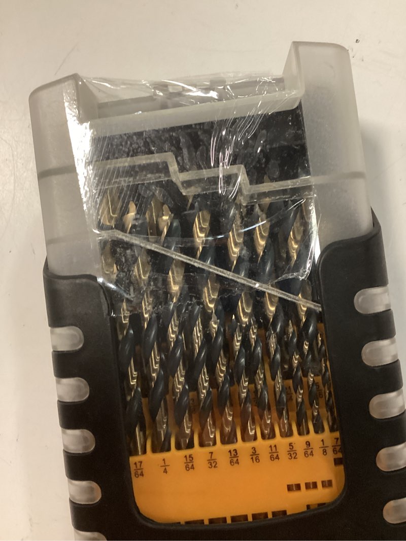 Condition photo showing As Is for 29pcs brad point drill bit set, titanium coated hss wood drill bits for hardwood & softwood, full ground with self-centering tip (1/16-1/2 inch, 1/64 inch increment) & storage case