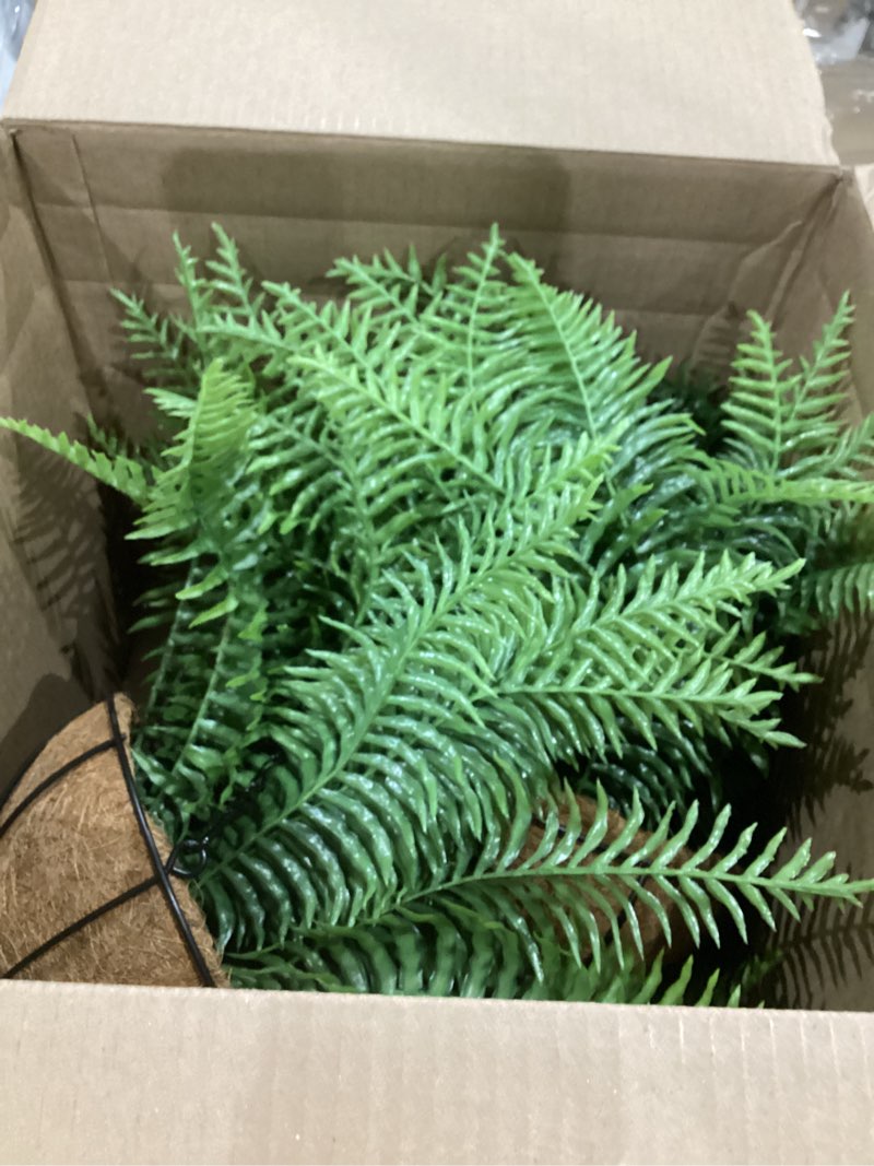 Condition photo showing Good Condition for 2 set fake ferns with hanging baskets, artificial boston ferns for outdoors, realistic fake hanging ferns plants outdoor artificial plants for front porch home décor, no assembly green x 2