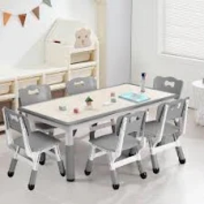Kids Table and Chairs Set, Height Adjustable Desk With 6 Seats for Ages 3-12,Arts & Crafts Table,Gra