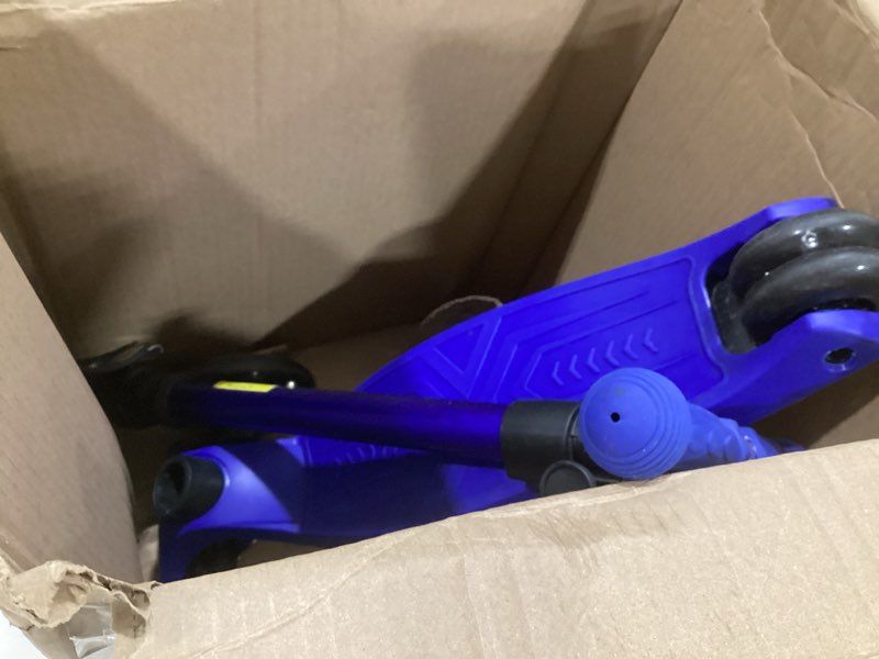 Condition photo showing As Is for micro kickboard | maxi original kids scooter for ages 5-12 | children up to 110 lbs | 3 wheel lean-to-steer design | adjustable t bar | smooth ride pu wheels | swiss design blue