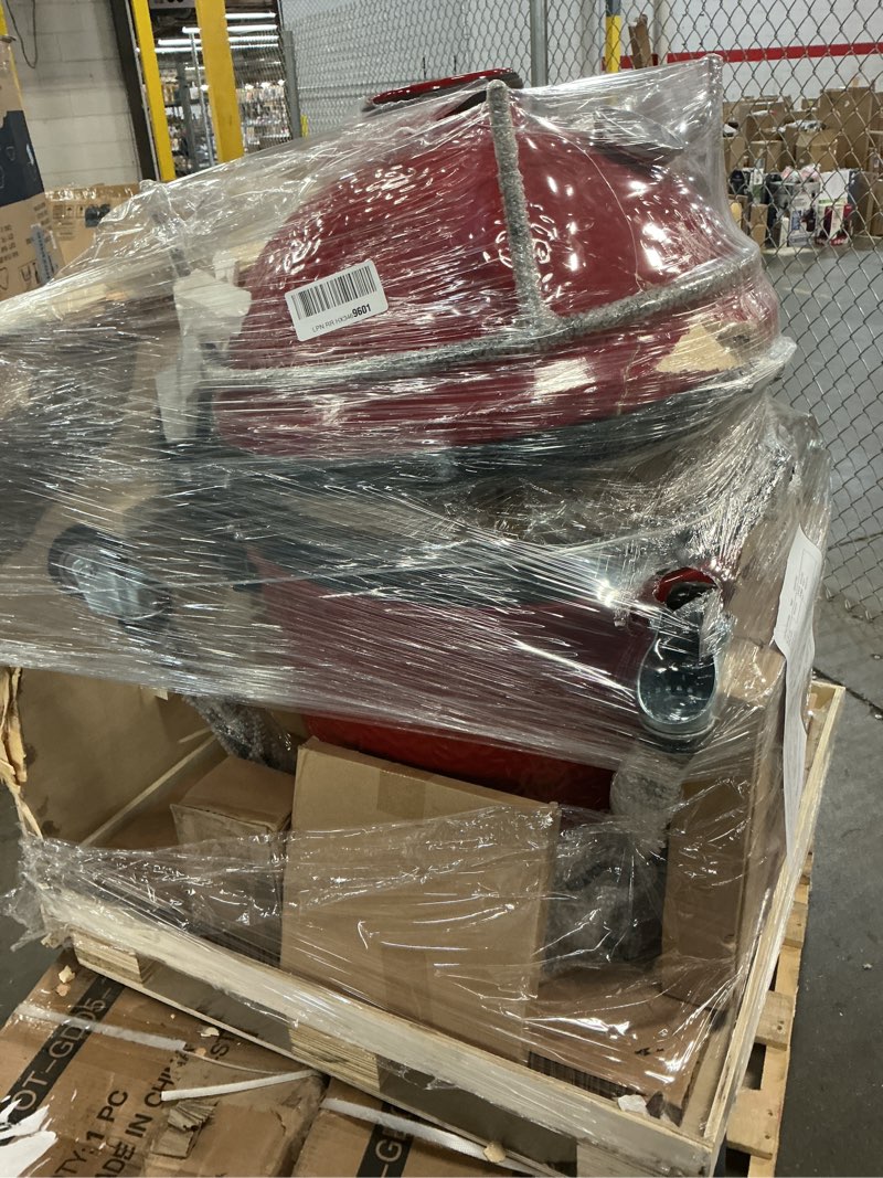 Condition photo showing As Is for kamado joe classic joe series ii 18-inch ceramic charcoal grill and smoker with cart, side shelves, stainless steel grates and 250 cooking square inches in red, model kj-23rhc classic joe ii w/ stand