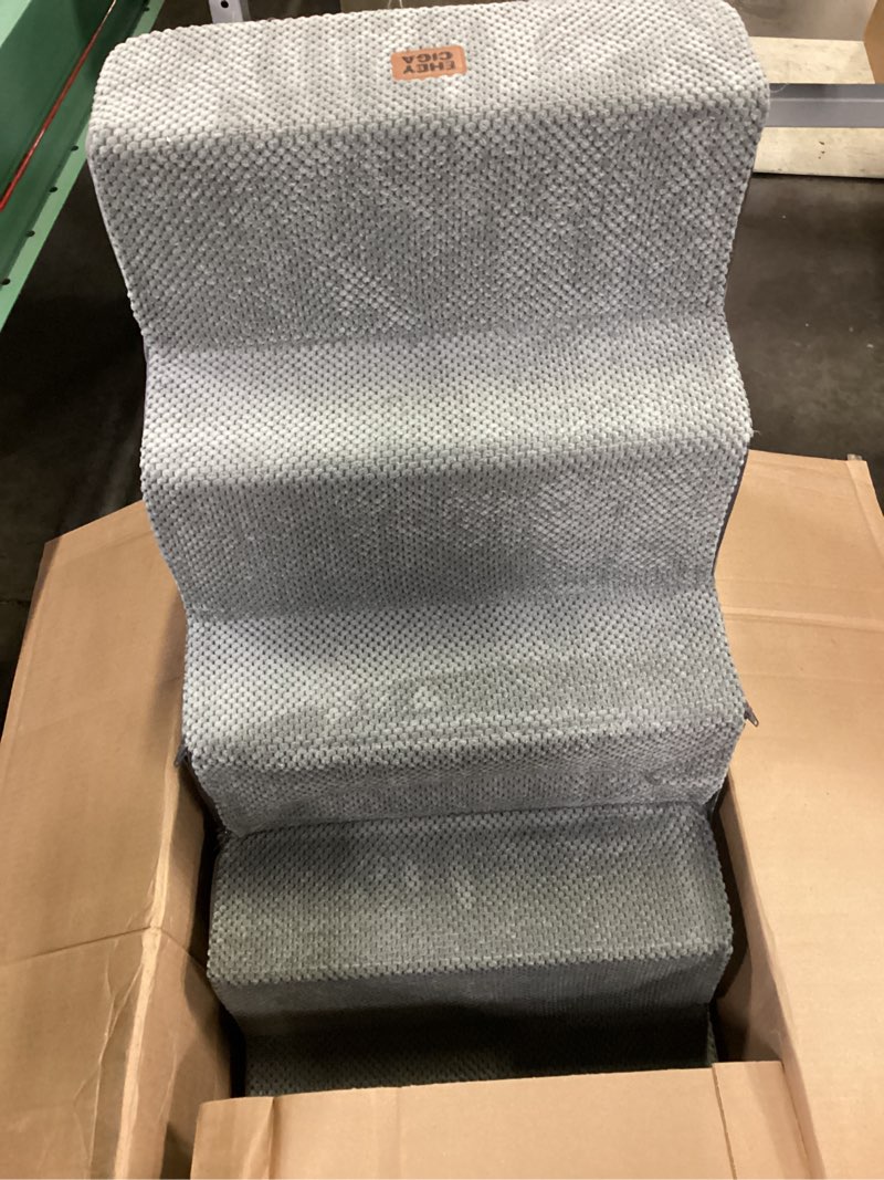 Condition photo showing As Is for heeyoo dog stairs for small dogs,5-step dog steps for high bed and couch, high-density foam pet steps with supporting board, non-slip removable washable cover, grey 5 steps fleece-grey