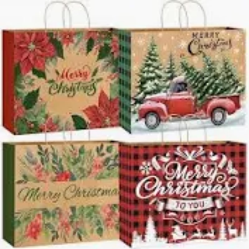 DULEFUN 12pcs Extra Large Christmas Gift Bags, Jumbo Xmas Holiday Tote Kraft Paper Bag Treat Shoppin