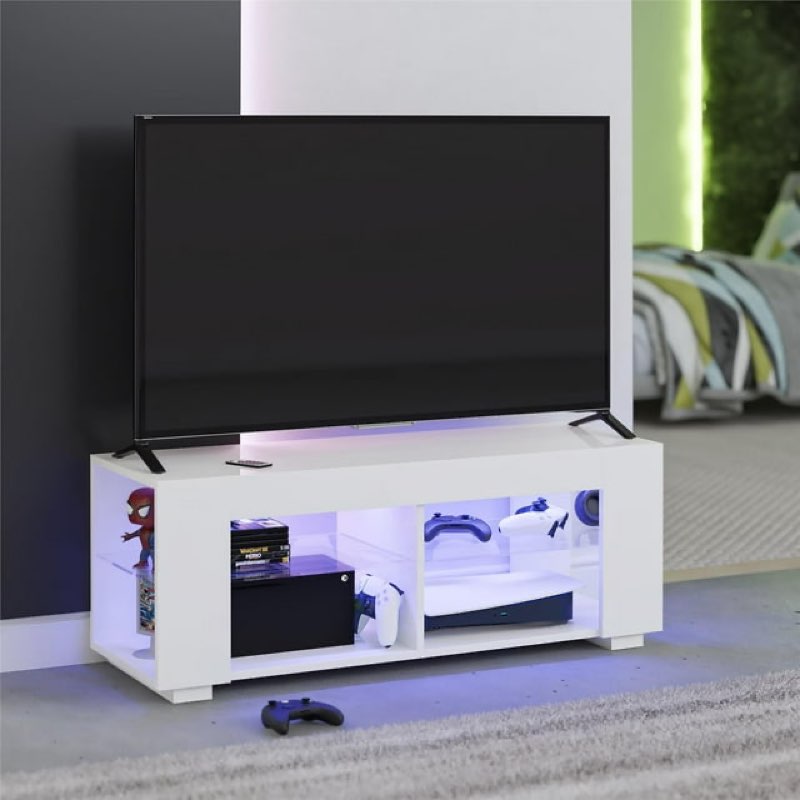 ntense led tv stand with glass shelves for tvs up to 55", white gloss