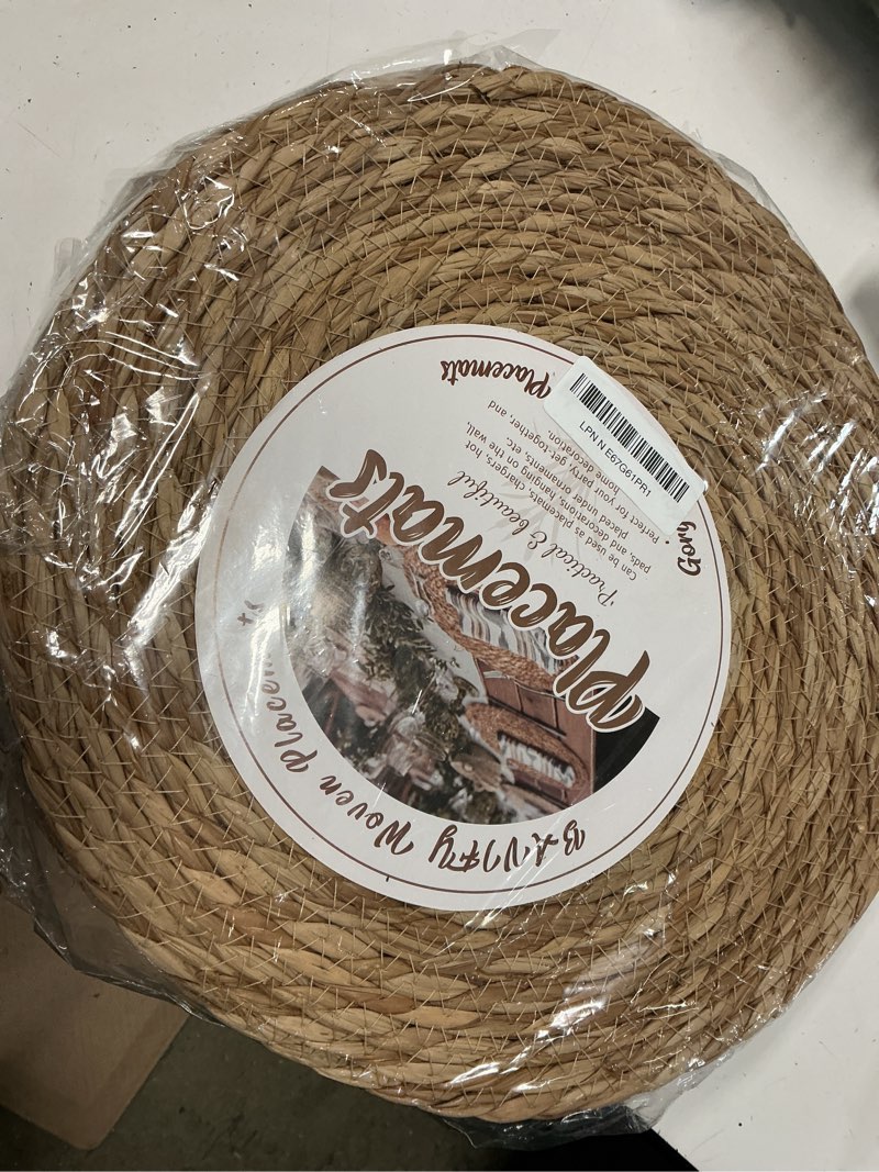 Condition photo showing New/Like New for 13 in round woven placemats plate chargers set of 10, boho farmhouse rustic woven place mats for dining table decor, rattan wicker table mats jute braided chargers for dinner plates natural color 13 inch set of 10