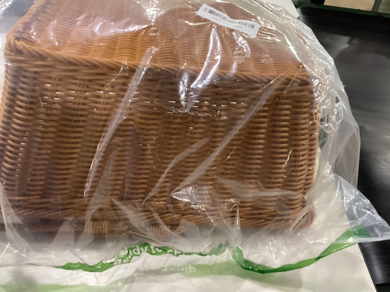 Condition photo showing As Is for anruide 15.8"poly wicker storage baskets,handmade woven basket harvest basket wicker storage basket for picnic, easter, organizing, gathering vegetables(15.8" x 11.8") brown