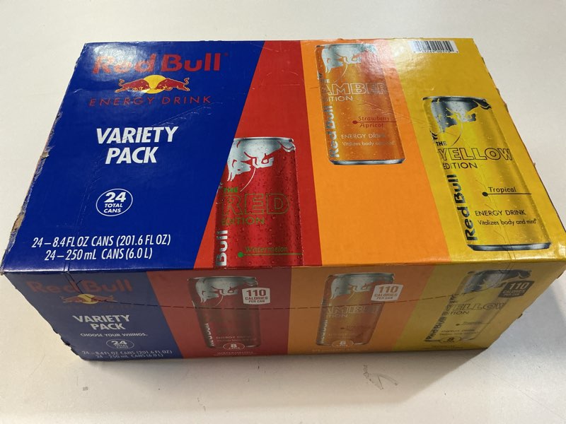 Condition photo showing New/Like New for Red Bull Energy Drink Variety Pack, Red Bull Red, Yellow, and Amber Edition and Energy Drinks, 8.4 Fl Oz, 24 pack Cans Variety 8.4 oz., 24pk, (1x24) (No Expiration Date) 