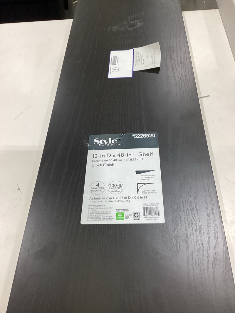 Condition photo showing As Is for style selections 11.7-in d x 47.6-in l black mdf rectangular shelf board