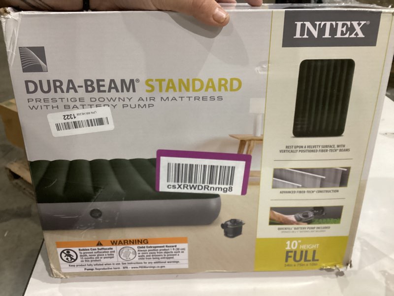 Condition photo showing New/Like New for Intex 64778E Dura-Beam Standard Prestige Air Mattress: Fiber-Tech – Full Size – Hand-Held Battery Pump – 10in Bed Height – 600lb Weight Capacity Full With Pump