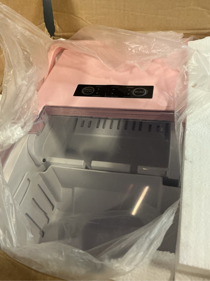 Condition photo showing Good Condition for ice makers countertop, portable ice machine with handle, 6 mins 9 bullet ice cubes with basket and scoop, 26lbs in 24hrs, auto-cleaning, for home, kitchen, rv, camping, pink pink handle 12.3"*11.5"*8.5"