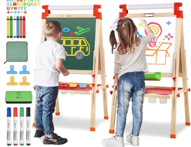 joyooss kids wooden easel with paper roll - adjustable magnetic double sided drawing board whiteboar