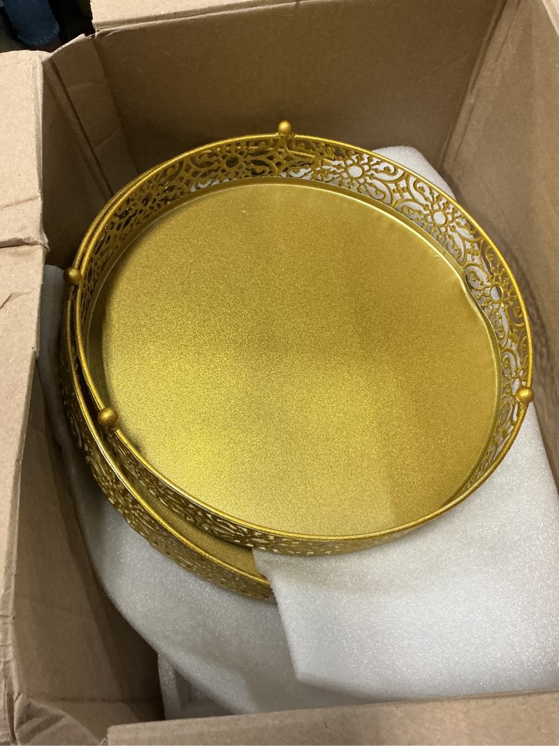 Condition photo showing As Is for 2 pcs gold metal cake stand, 14" 16" large round cupcake stand dessert table display set cake holder for wedding birthday party bridal shower anniversary table decoration gold floral