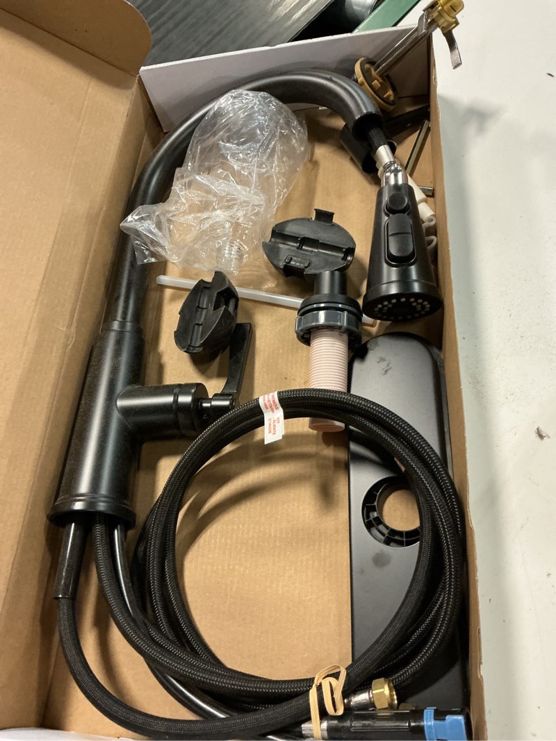 Condition photo showing As Is for allen + roth townley matte black single handle pull-down kitchen faucet with sprayer (deck plate and soap dispenser included)