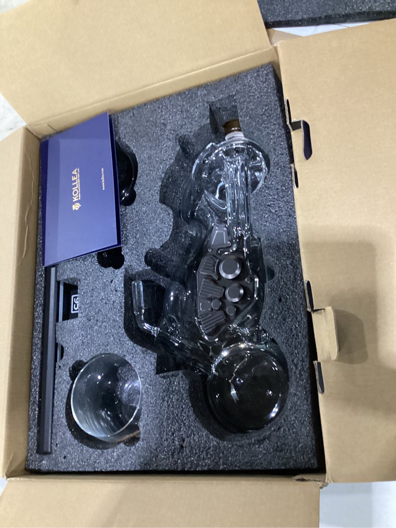 Condition photo showing As Is for kollea birthday gifts for men dad, motorcycle whiskey decanter set with 2 glasses, liquor dispenser for home bar, unique gift for him, father, boyfriend, anniversary, biker & motor lover, christmas clear