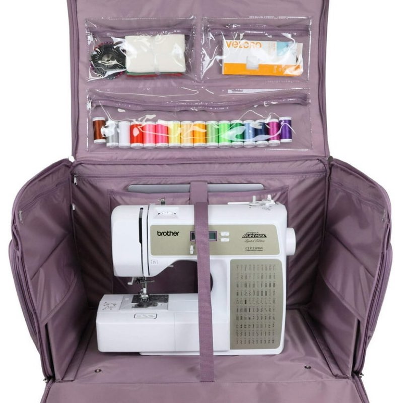 Everything Mary XXL 4 Wheel Collapsible Rolling Sewing Machine Storage Case, Purple Quilted