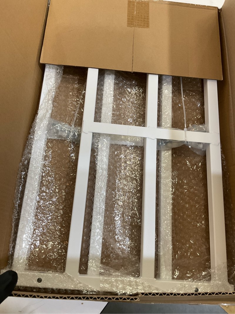 Condition photo showing As Is for fixed window safety guard 14”x 38” *2 pack adjustable width prevents accidental falls, non-egress, tamper resistant screws included, white 2 pack * 14x38 inches