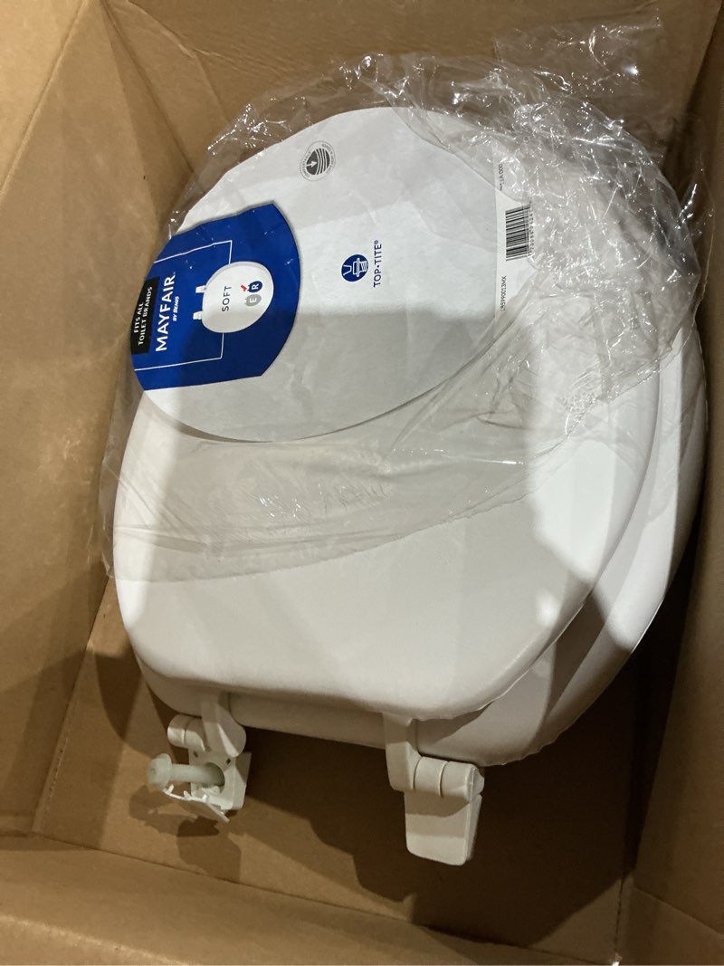 Condition photo showing As Is for mayfair economy soft cushion padded toilet seat, round, white