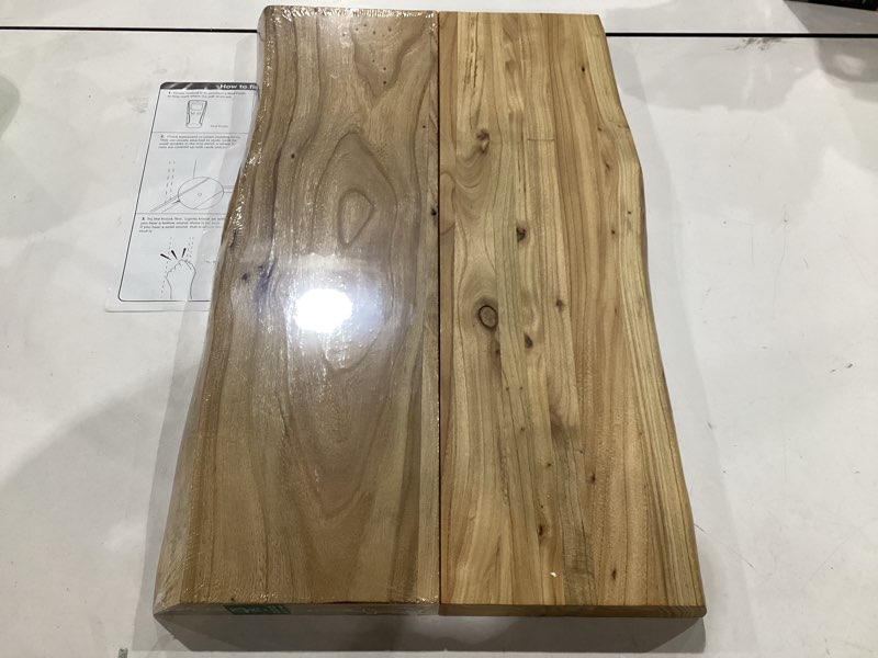 Condition photo showing As Is for floating shelves set of 2, solid elm wood wall shelves 24 inch - invisible bracket mount for living room, bedroom, kitchen, bathroom - natural clear natural live edge, 24"l, 2packs