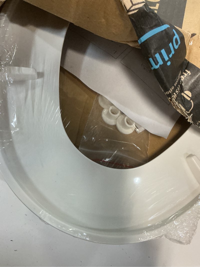 Condition photo showing As Is for toilet seat elongated, toilet seats with cover quiet close, never loosen bumpers, easy removing and cleaning, white, 18.5"l x 14"w