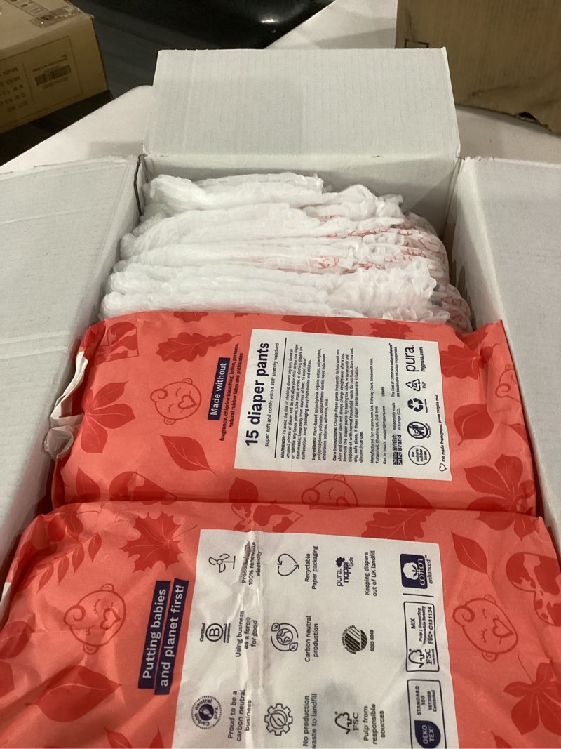 Condition photo showing As Is for pura hypoallergenic diaper pants size 9 (48+ lbs) overnight, up to 12 hours leak protection, suitable for sensitive skin, totally chlorine free, soft organic cotton, 3 packs of 15 (45 pull up pants) size 9 45