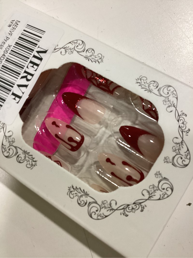Condition photo showing As Is for (Halloween Nails) MERVF Almond Press on Nails Medium Fake Nails Nude Glue ons Star Sun Moon Snake Print Acrylic Stiletto False Nail Bohemian Design for Women Glossy 24pcs 0196 Sliver