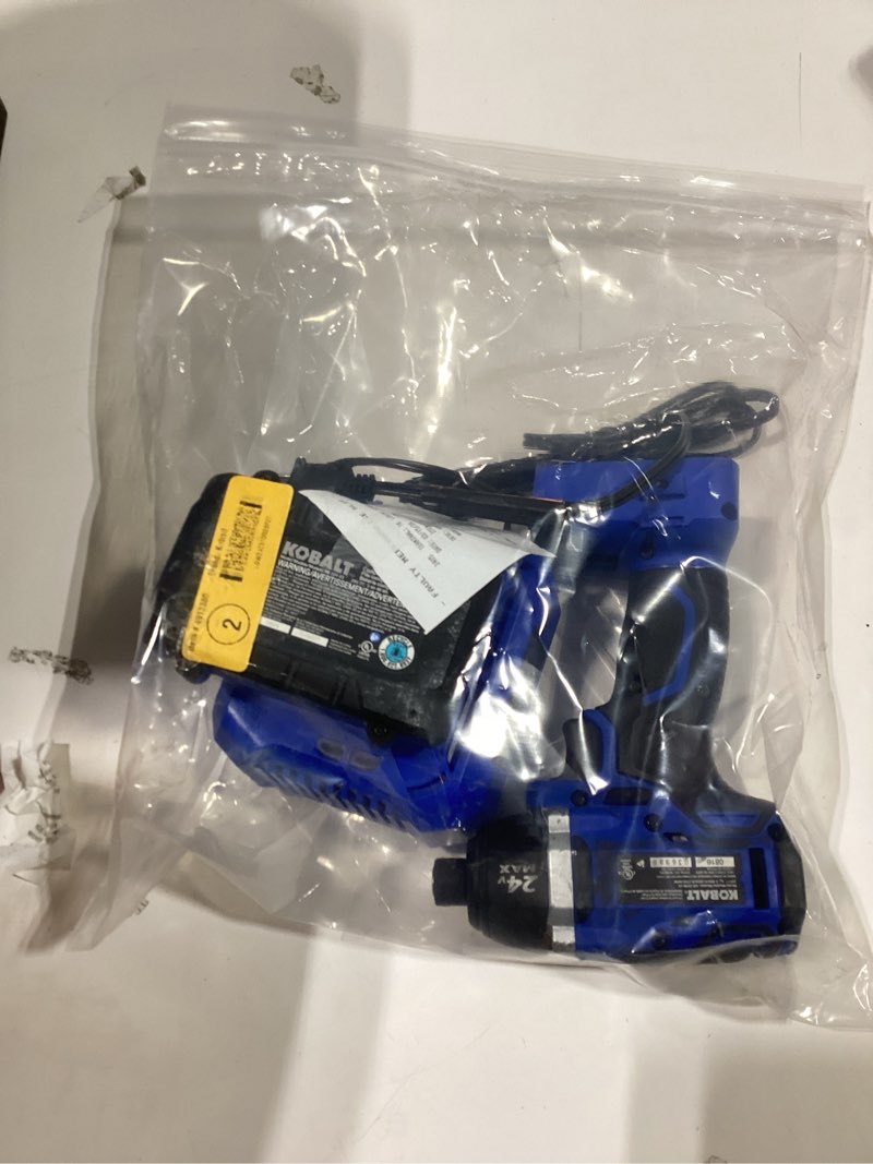 Condition photo showing As Is for kobalt ?kid 1324a-03, 24v, 2.0a 1/4 in cordless impact driver, 3500 rpm