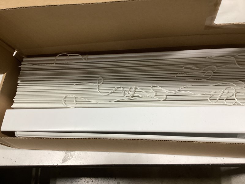 Condition photo showing As Is for allen + roth trim at home 2-in slat width 35-in x 72-in cordless white faux wood room darkening horizontal blinds