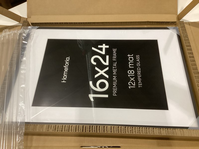 Condition photo showing Good Condition for homeforia 16 x 24 picture frame black, high end metal 24x16 poster frame, 16 x 24 black frames matted to 12 by 18 inch print, 24by16 thin frame with mat 12x18 photo, tempered glass, wall kit, set of 1 pack of 1 black 16x24