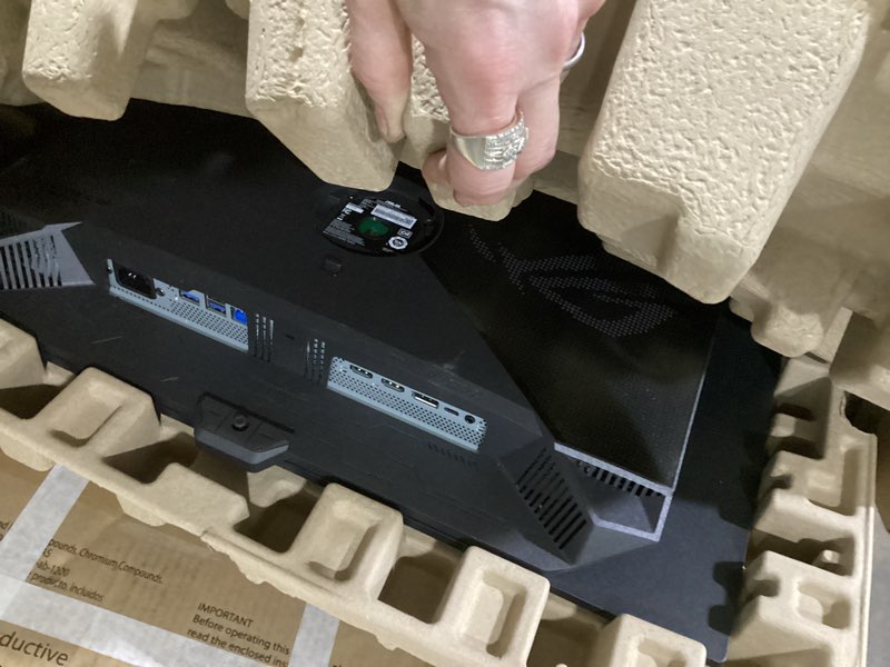 Condition photo showing New/Like New for ASUS ROG Swift 27” 4K QD-OLED Gaming Monitor (PG27UCDM) - 240Hz, 0.03ms, Custom Heatsink, Neo Proximity Sensor, G-SYNC Compatible, 99% DCI-P3, True 10-bit color, DisplayPort 2.1a UHBR20, 3 yr warranty 27" OLED 4K 240Hz UHD G-SYNC