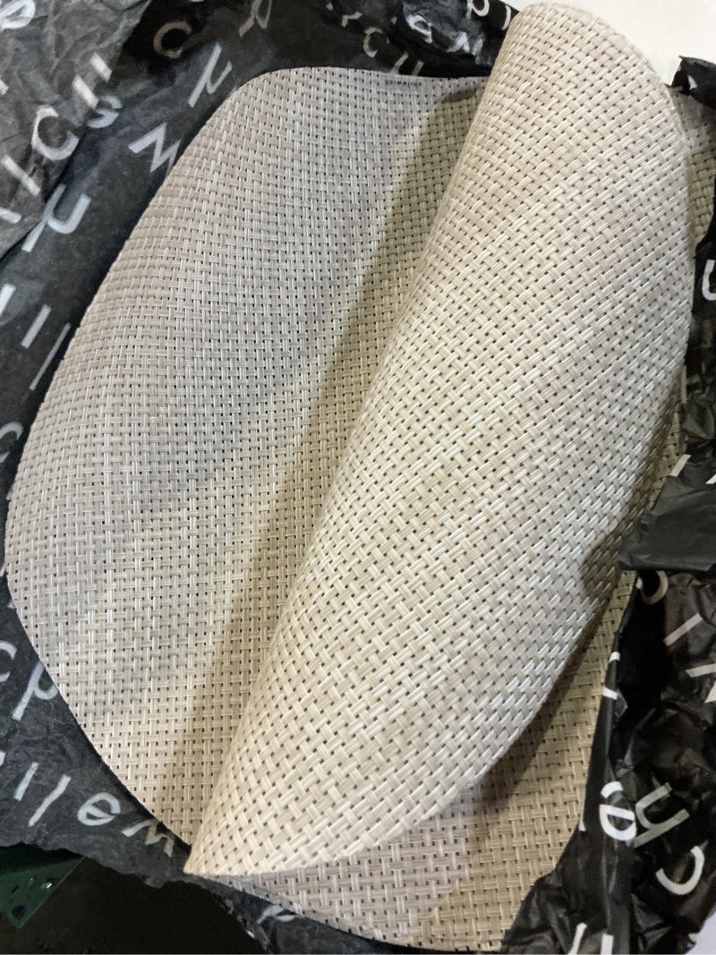 Condition photo showing Good Condition for chilewich basketweave placemats - round woven placemats set of 4 - reusable, stain-resistant, indoor/outdoor tabletop protection - khaki - 15" round khaki 15" round