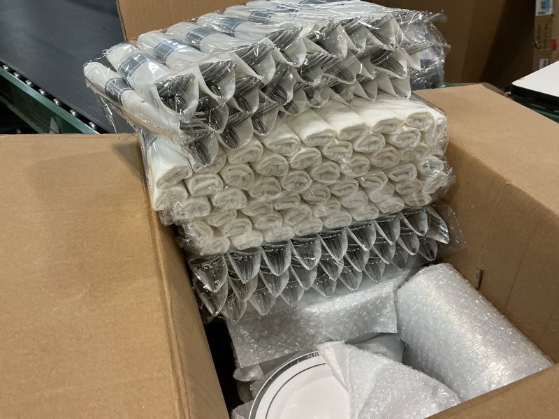 Condition photo showing Good Condition for Goodluck 700 Piece Silver Plastic Dinnerware Set for 100 Guests, Disposable Plates for Party, Include: 100 Dinner Plates, 100 Dessert Plates, 100 Pre Rolled Napkins with Silverware, 100 Cups Silver 700 Piece (100 guests)