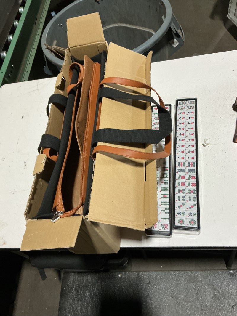 Condition photo showing Good Condition for american mahjong set,complete game kit, 166 tiles mahjong tile set with wooden pushers racks, carrying bag, mahjong mat, score cards, chips, dice & accessories mahjong set