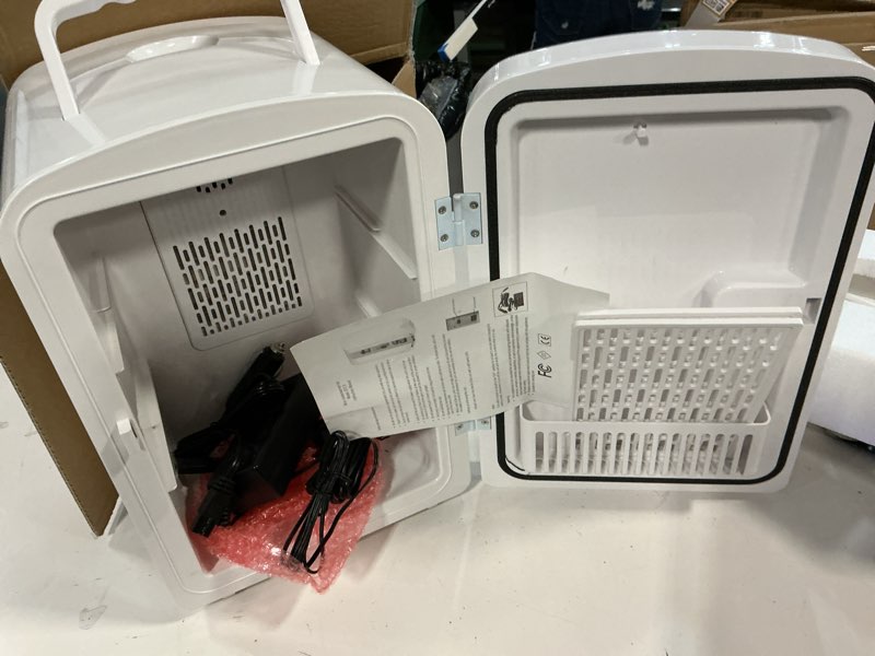 Condition photo showing Good Condition for 9l mini fridge for bedroom - car, college dorm room & office desk 12v portable cooler warmer skincare, beauty makeup, drinks, food ac/dc small refrigerator with glass front, 110 volts, white black-9l