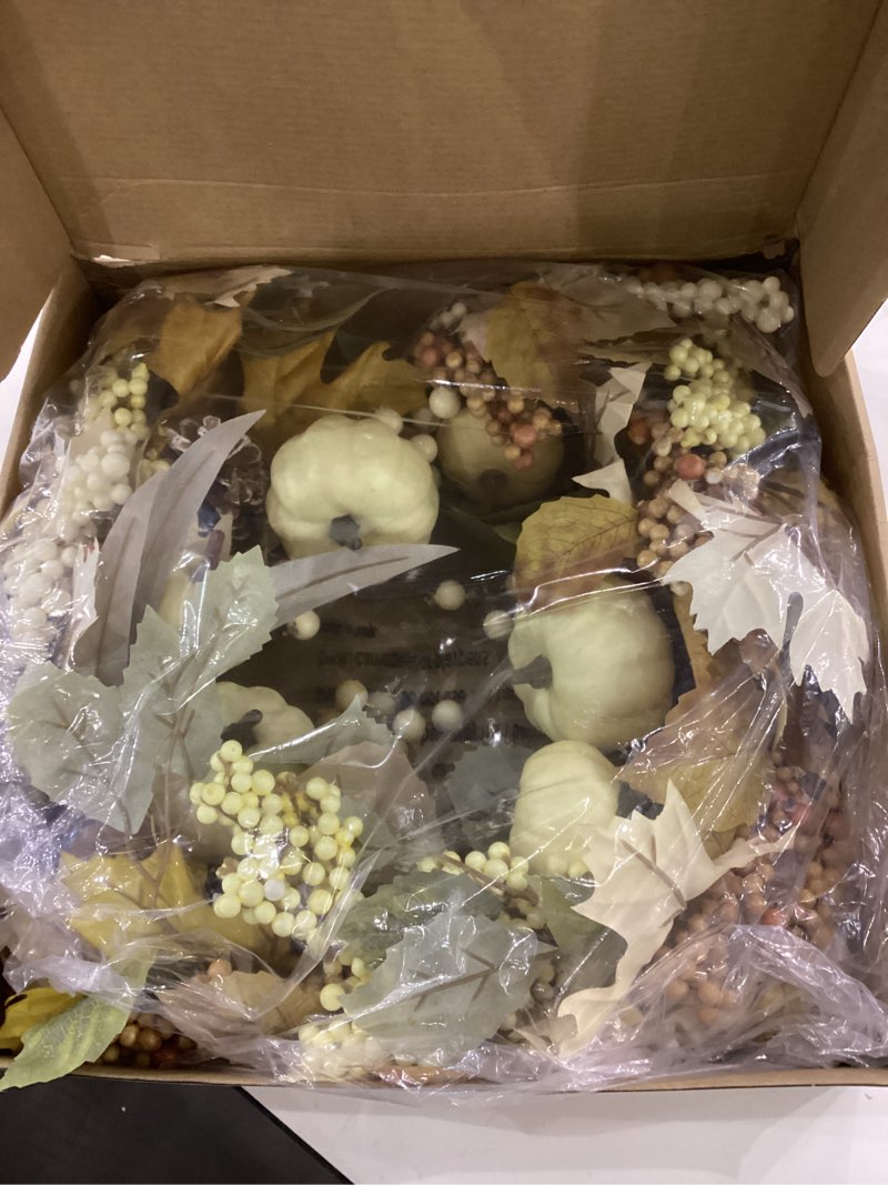 Condition photo showing Good Condition for 22’’ Artificial Fall Wreath Autumn Door Wreath with Pumpkin,Maple Leaf,Ivy Leaf,Colorful Berry for Front Door Farmhouse Thanksgiving Indoor Outdoor Porch Window Wall Door Decoration Cream Maple Leaves With Berry