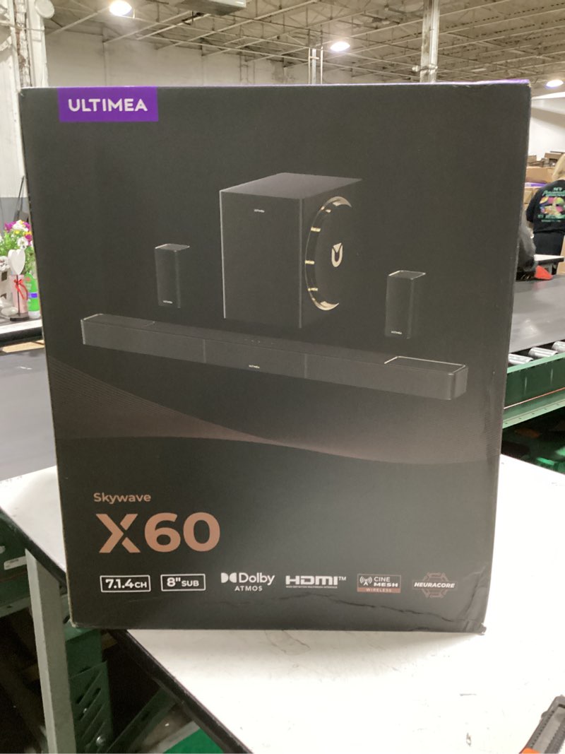 Condition photo showing Good Condition for ultimea skywave x60 7.1.4ch professional wireless surround sound system for tv w/dolby atmos, 840w sound bar with 8" wireless subwoofer, 28hz low frequency, gan amplifier, 4k hdr pass-through