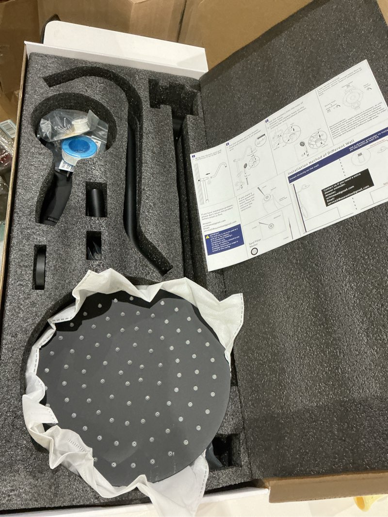 Condition photo showing Good Condition for 10 inch rain shower head with handheld system, 24" drill-free slider bar with low 3-way diverter for easy reach, 4 setting handheld spray with 5ft stainless steel hose - matte black