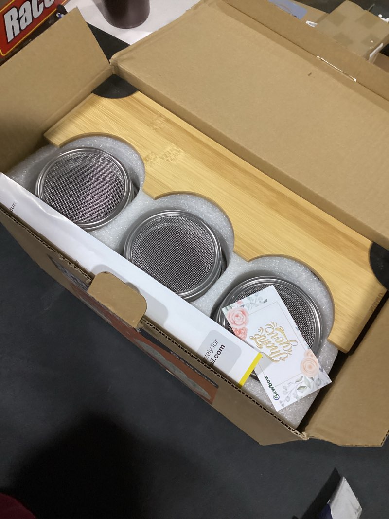 Condition photo showing As Is for [Upgraded] 3 PCS Seed Sprouting Mason Jar Kit with Bamboo Holder, Drain Tray, Screen Lids, Blackout Sleeves, Good Ventilation & Drainage Capacity, Growing Fresh Organic Mung Beans & Microgreens