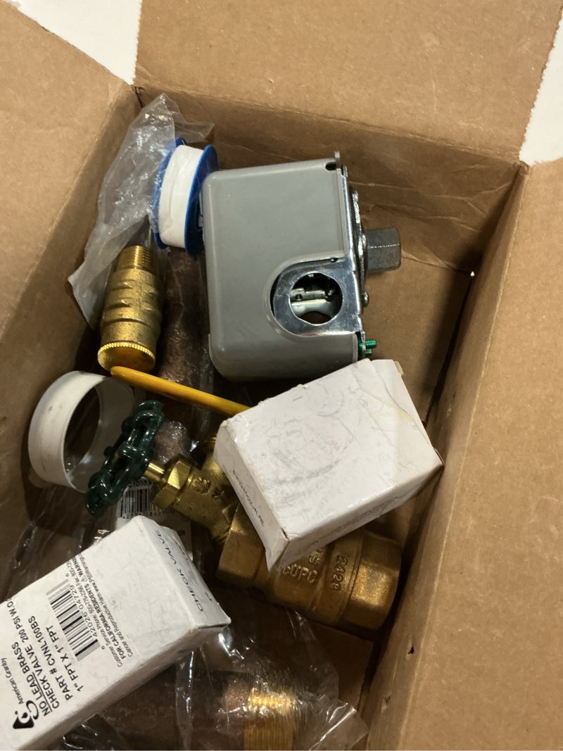 Condition photo showing As Is for harvard boshart 1 x 11 brass tank tee kit installation package with ball valve and check valve water well pressure tank square d 4060 fsg2 pressure switch no lead